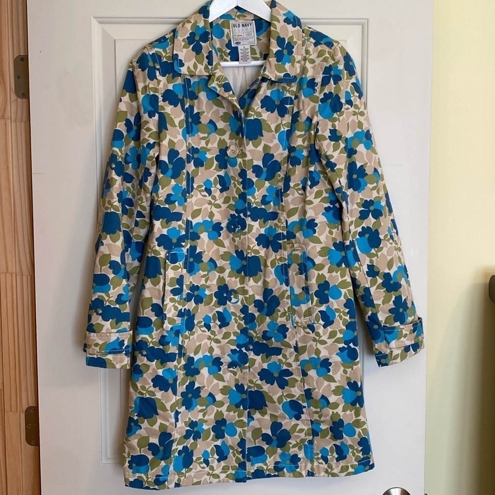 Old Navy VTG trench jacket soft brushed cotton blue green floral VTG Y2K Size M